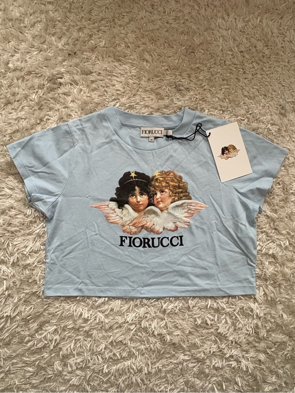 Fiorucci Pastel Baby Light Blue Cherub Angels Angelic Graphic Tee Shirt Crop Top